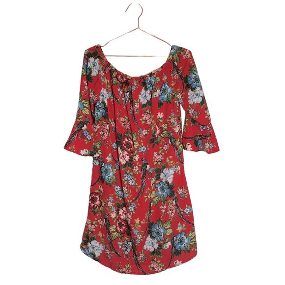 City streets Red Floral bird Pattern Off Shoulder bell sleeve Dress size medium - Picture 2 of 6